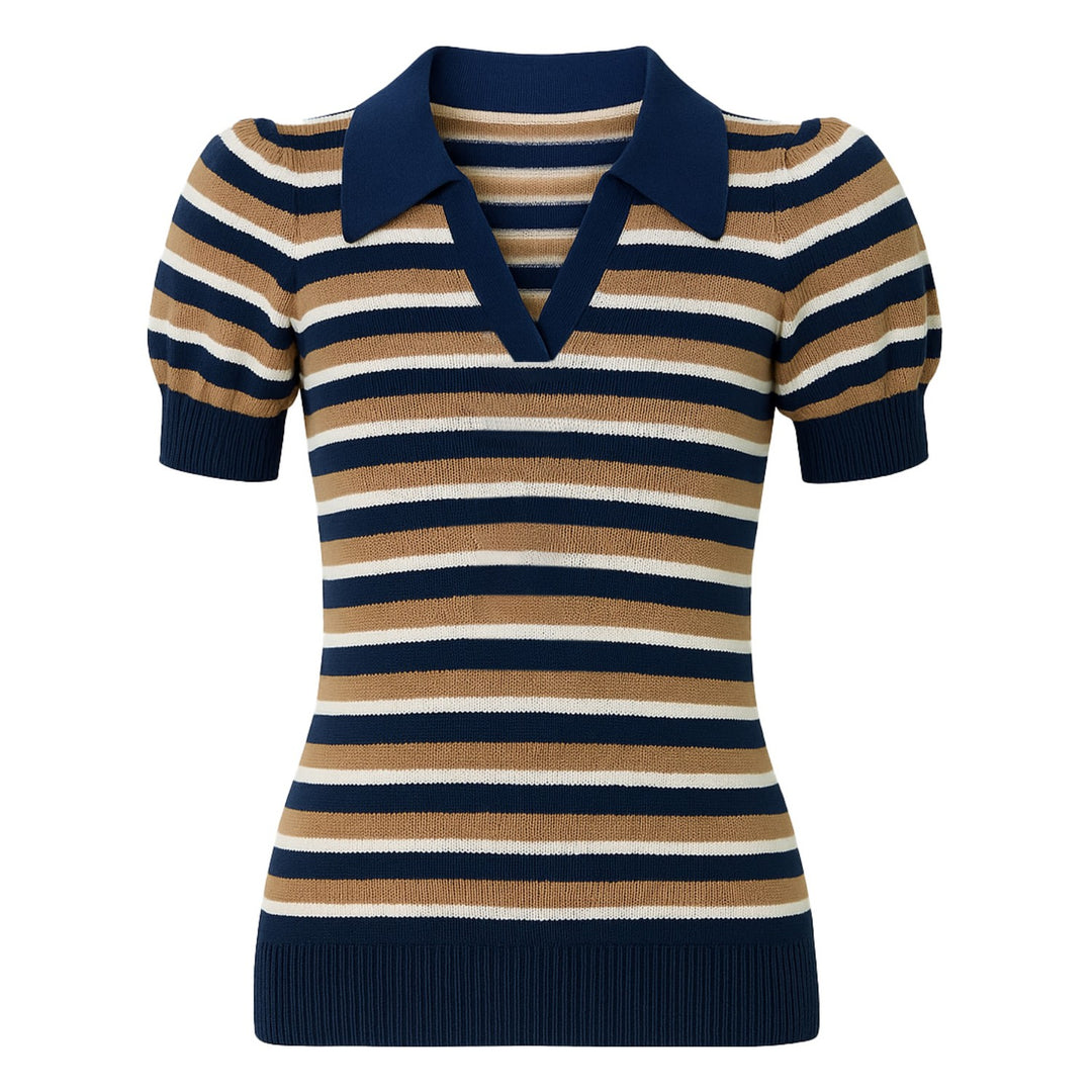 Women retro striped bubble sleeve knitted polo shirt
