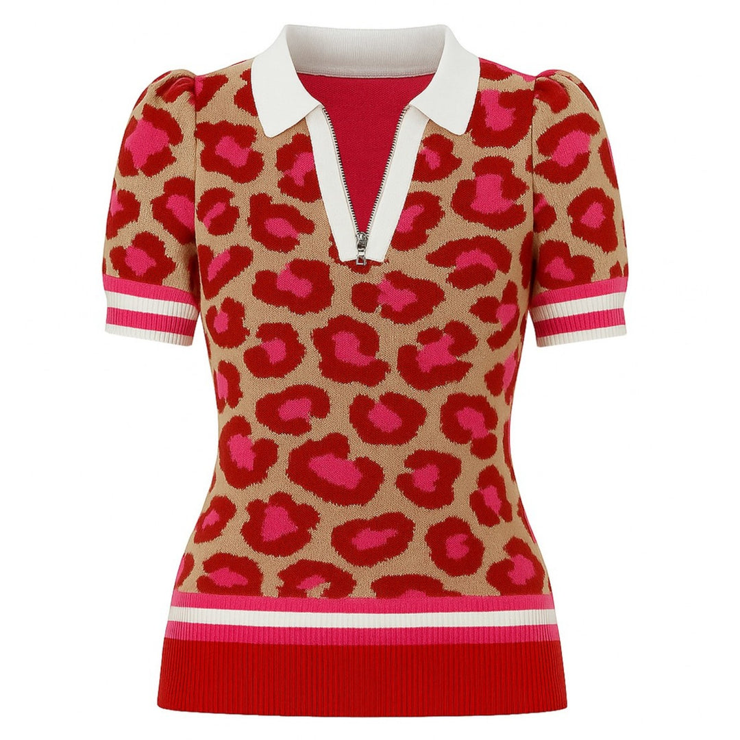 Women's leopard print jacquard V-neck zipper polo shirt