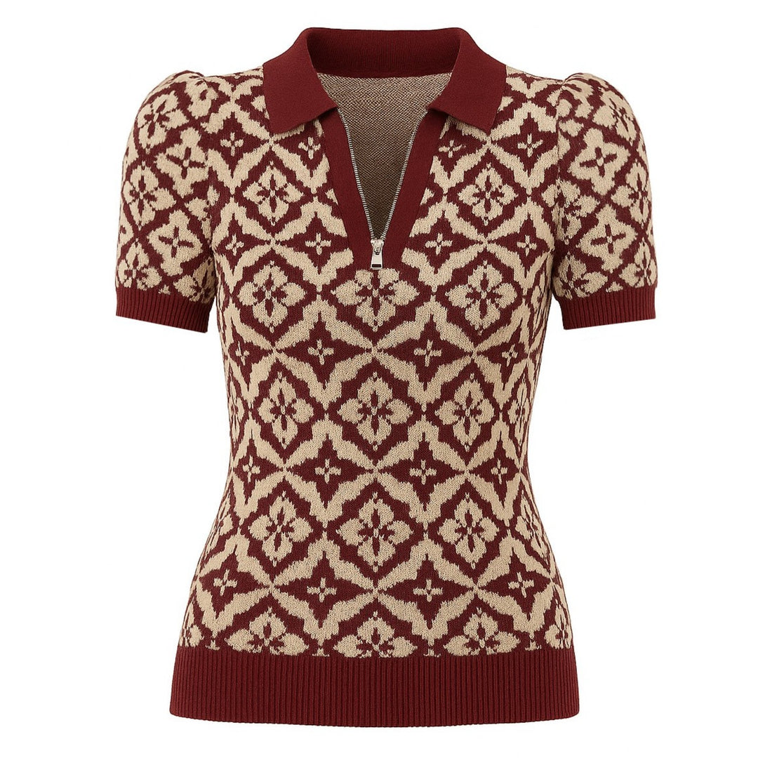 Women's vintage red jacquard zipper V-neck polo