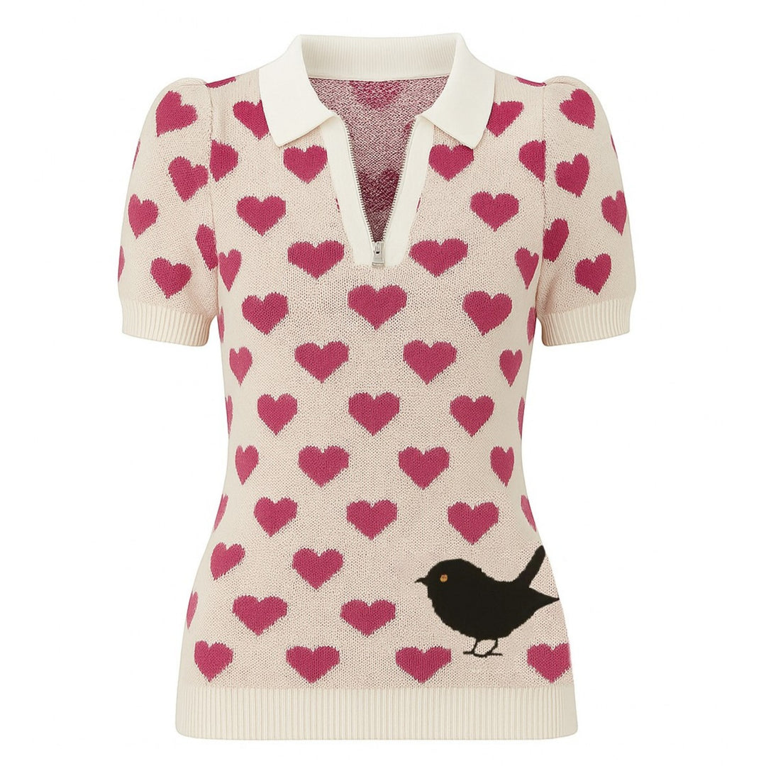 Women's white apricot heart-shaped knitted zipper V-neck polo
