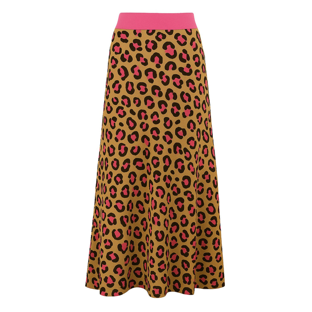 Women khaki leopard print vintage knit skirt