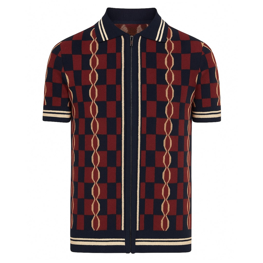 Men's deep red vintage jacquard casual cardigan