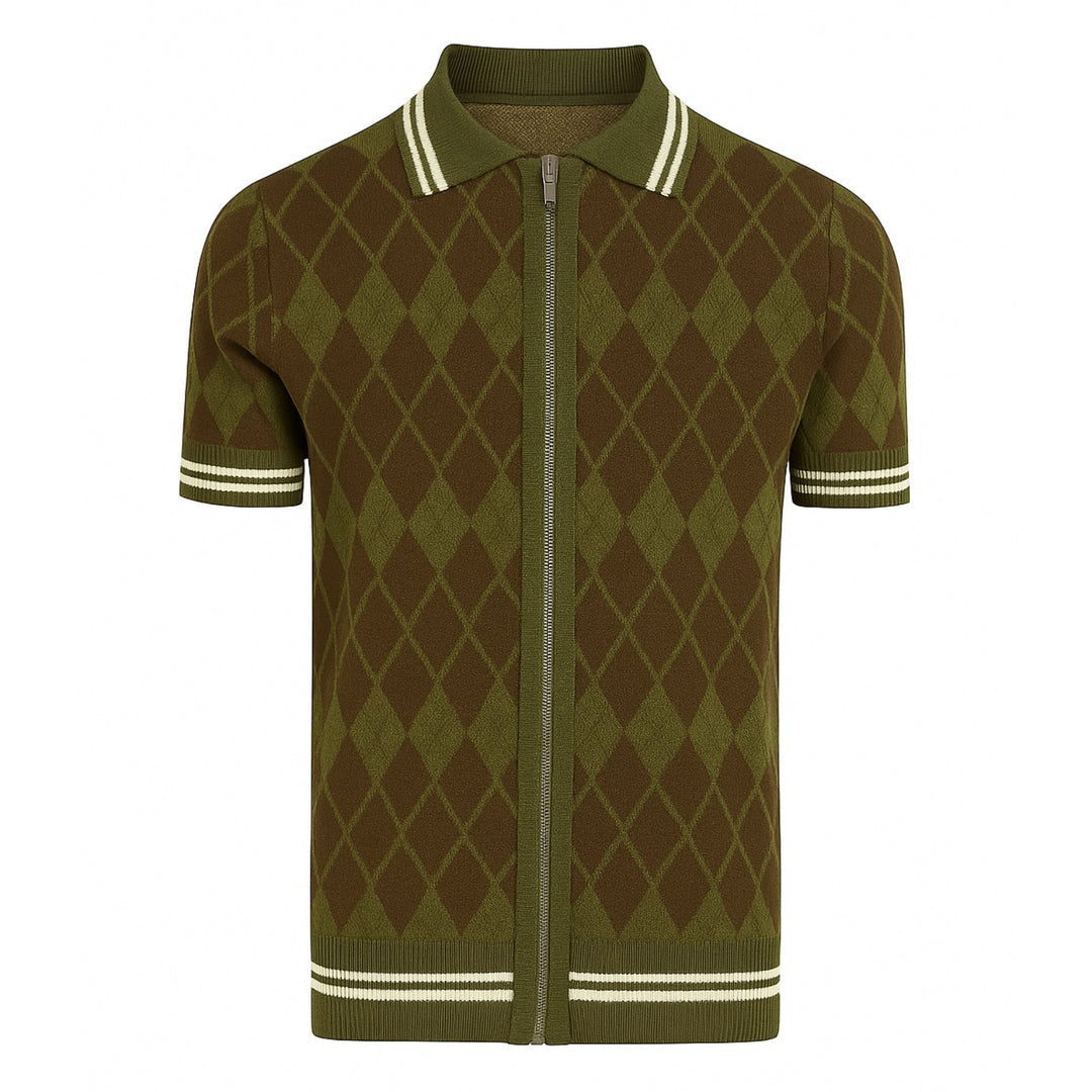 Men's green vintage diamond lattice jacquard cardigan