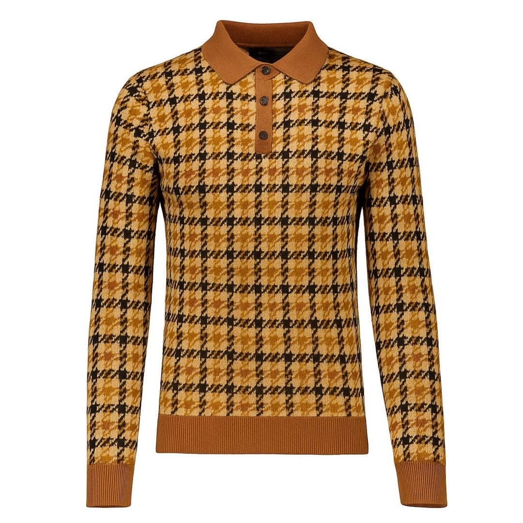 Men's yellow checkered jacquard vintage polo knitwear