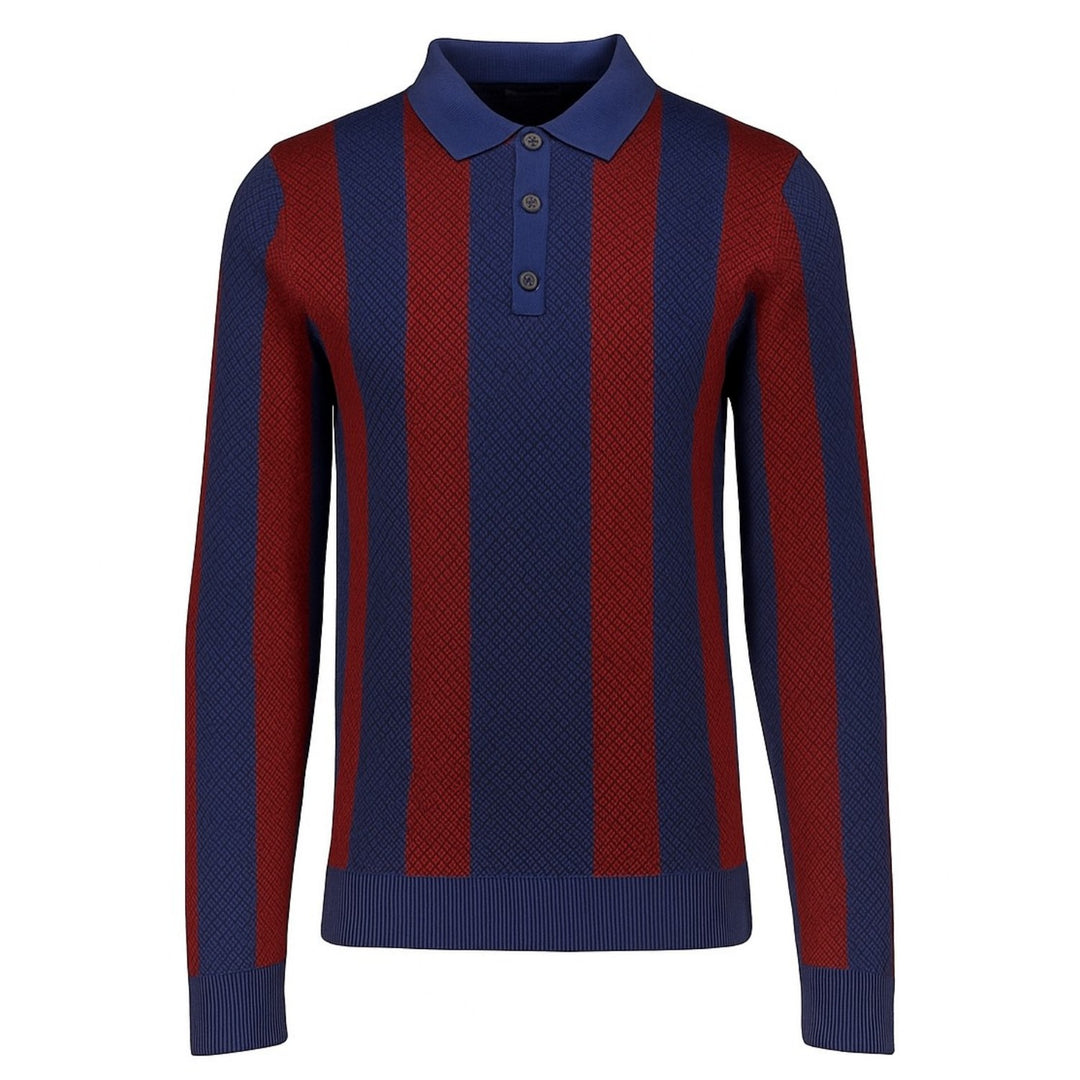 Men's blue striped jacquard vintage polo knitwear