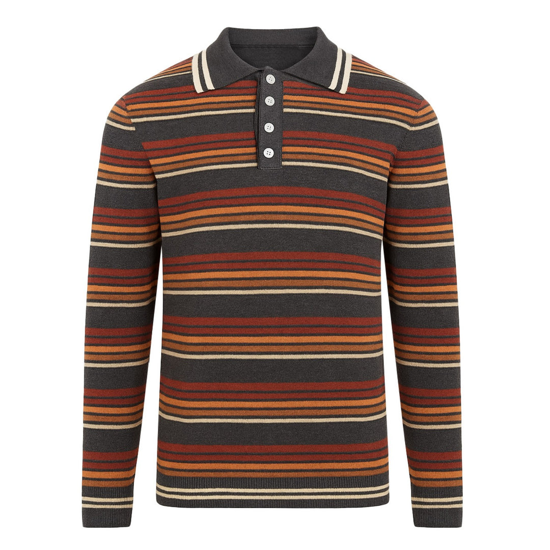 Men's dark grey striped jacquard vintage polo knitwear