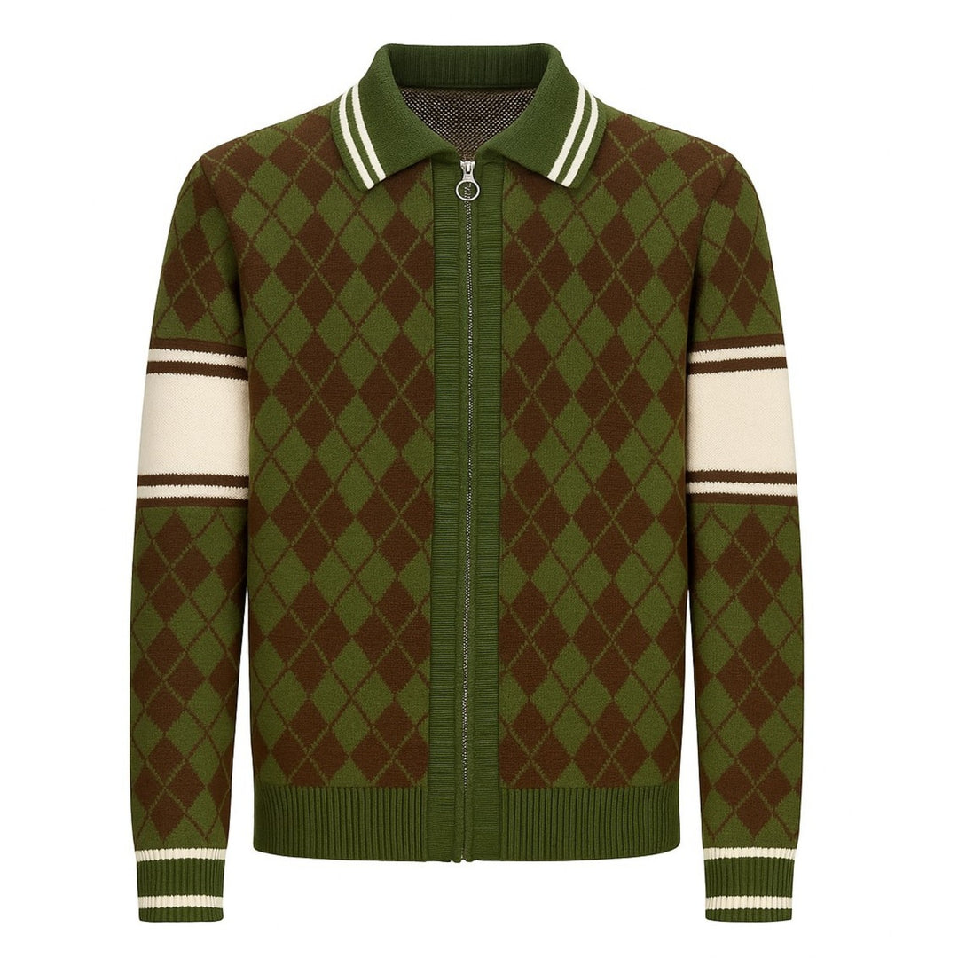 Men's green vintage diamond check knit zipper cardigan