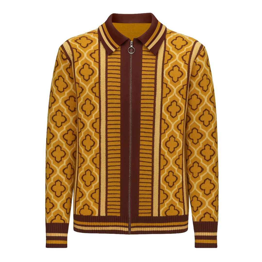 Men's yellow vintage 60's jacquard zipper cardigan