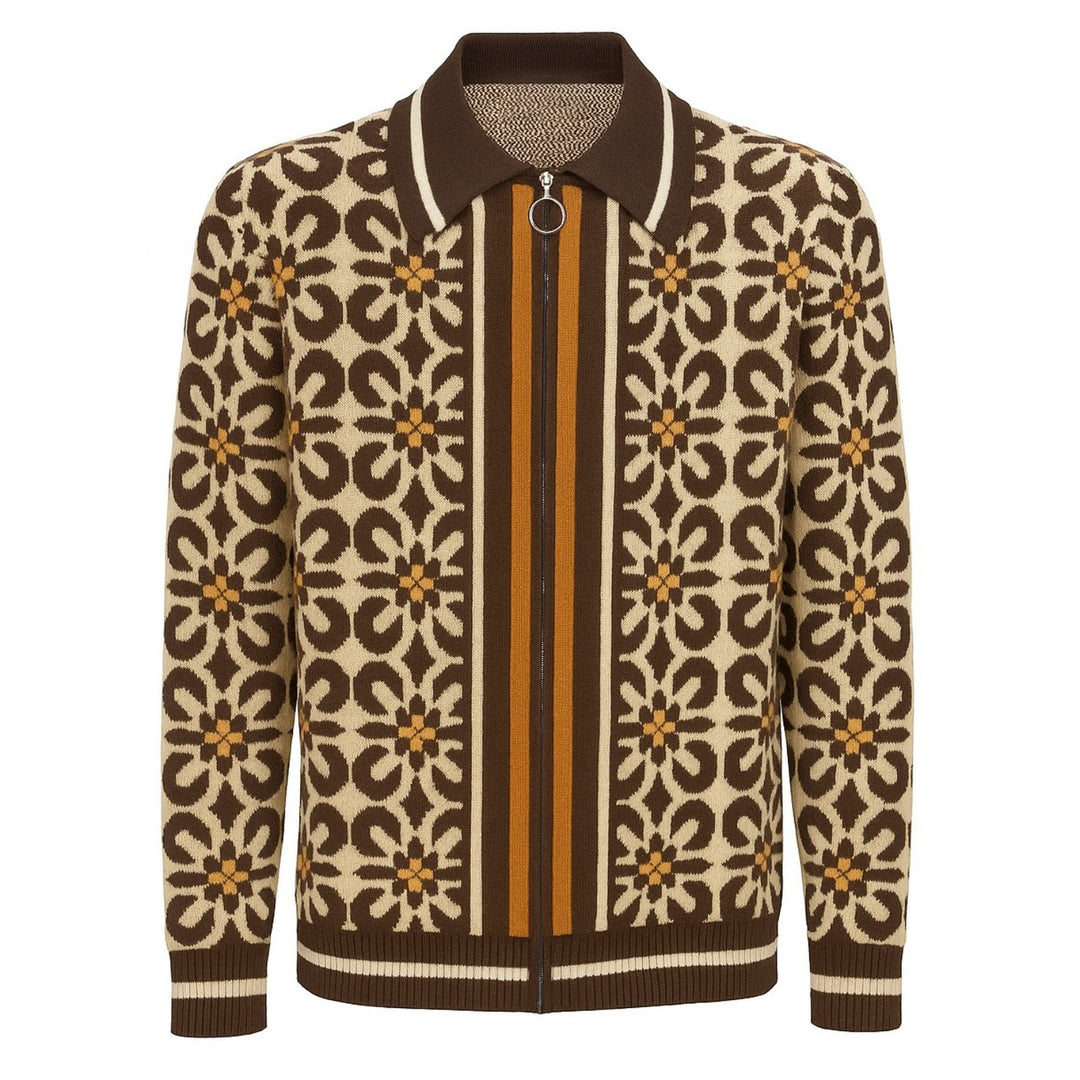 Men's brown vintage 60's jacquard knit zip-up cardigan