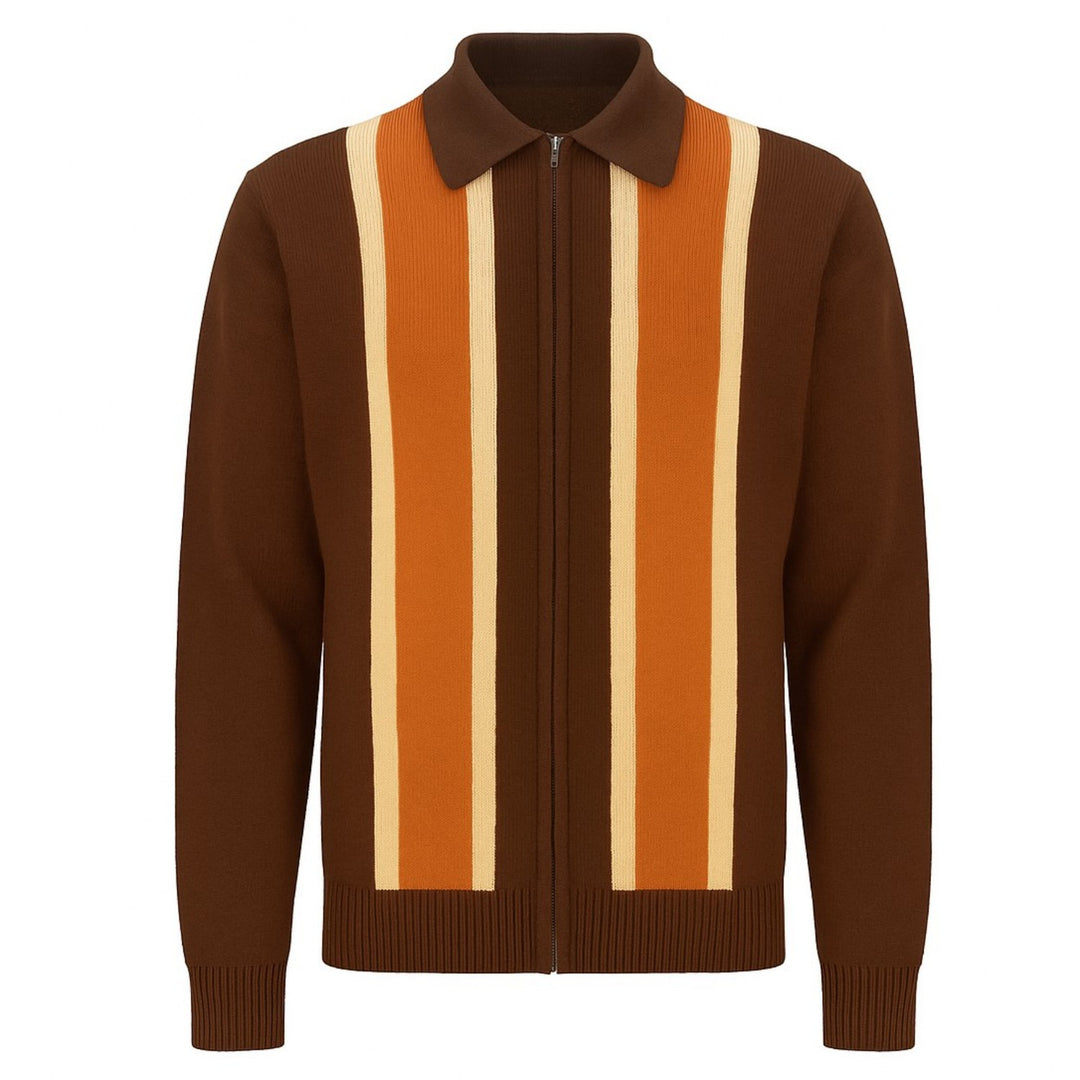 Men's brown striped vintage knitted zipper cardigan