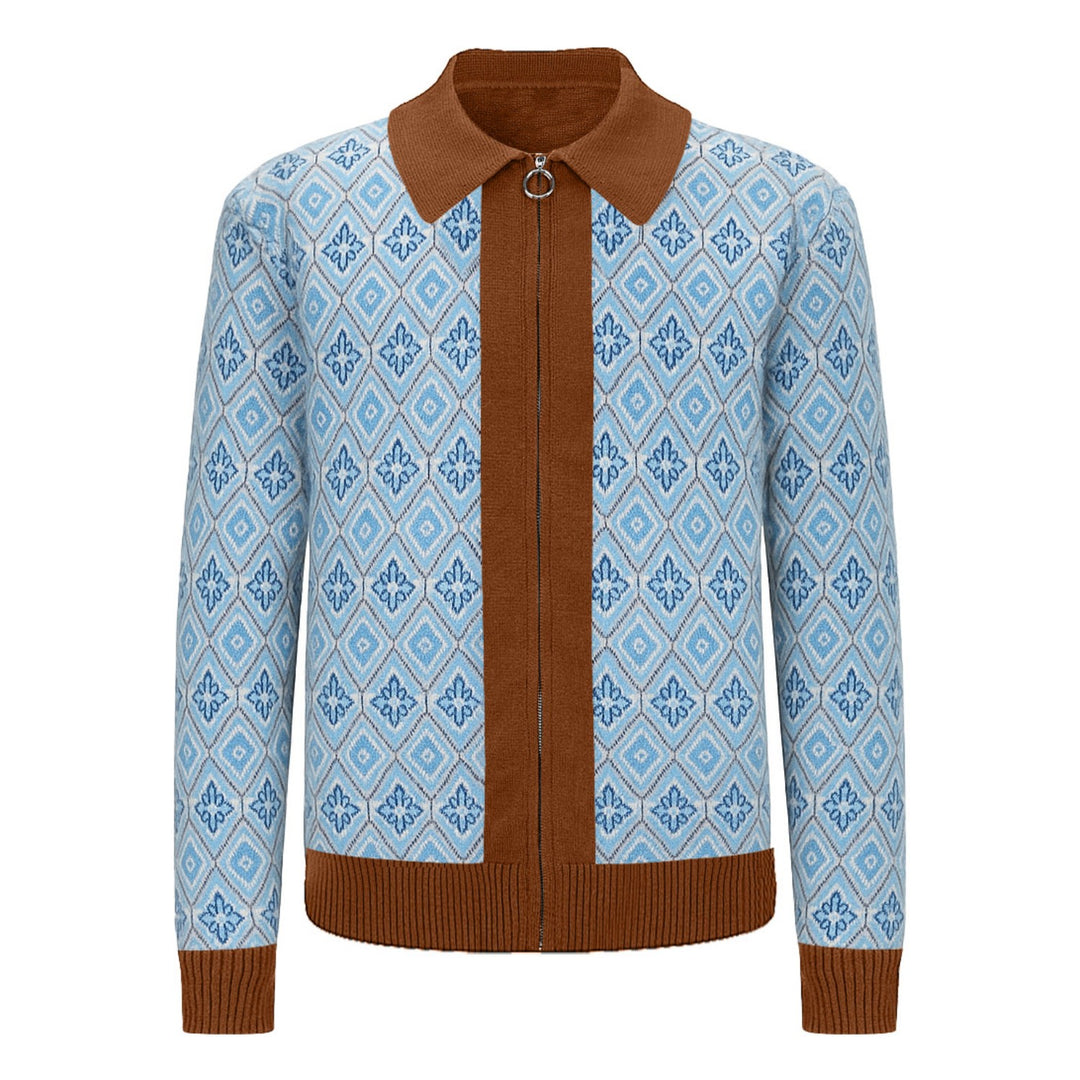 Men's blue vintage 1970s style knitted zipper cardigan