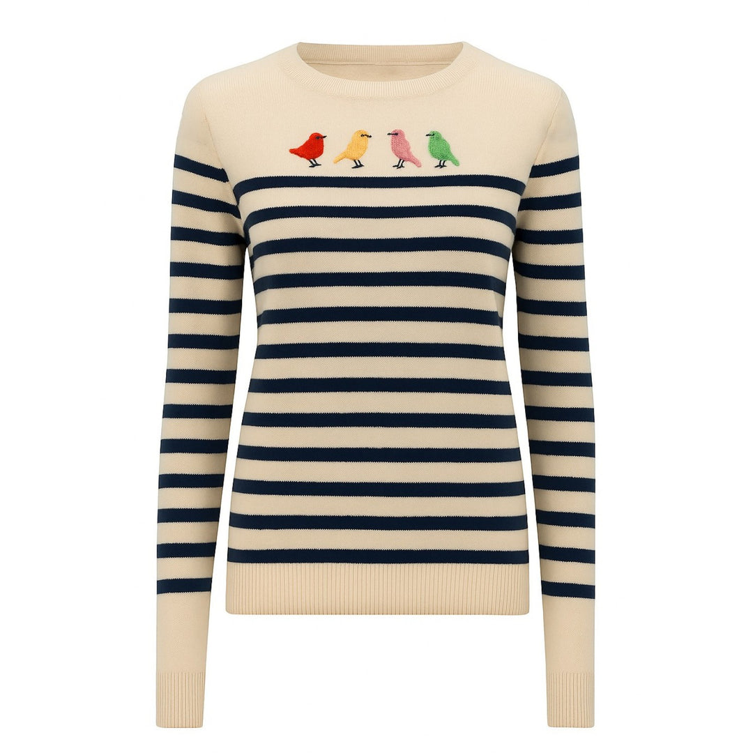 Women's apricot stripe embroidered bird knitwear