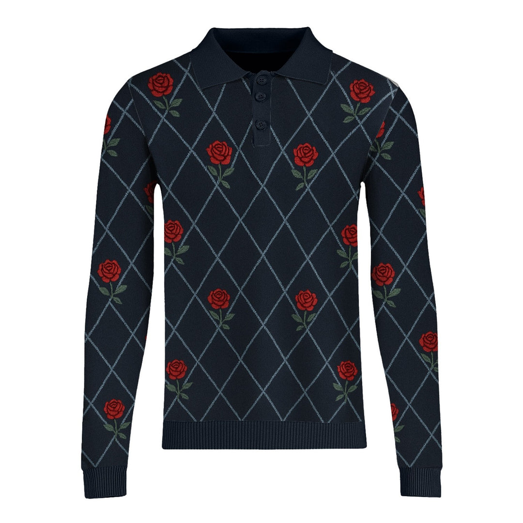 Men's navy blue argyle floral jacquard knitted polo shirt