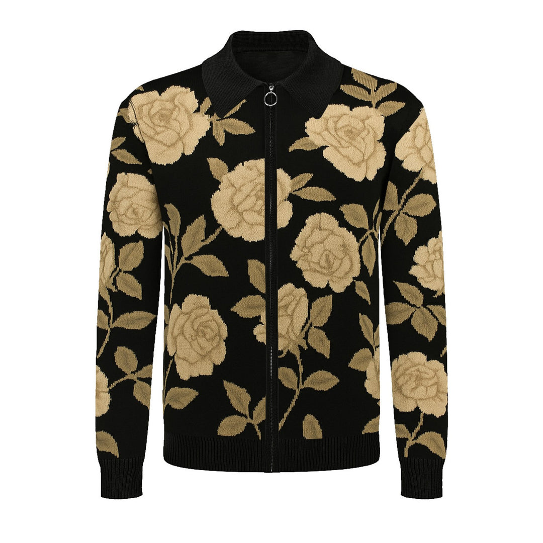 Men's black vintage jacquard knit zipper cardigan