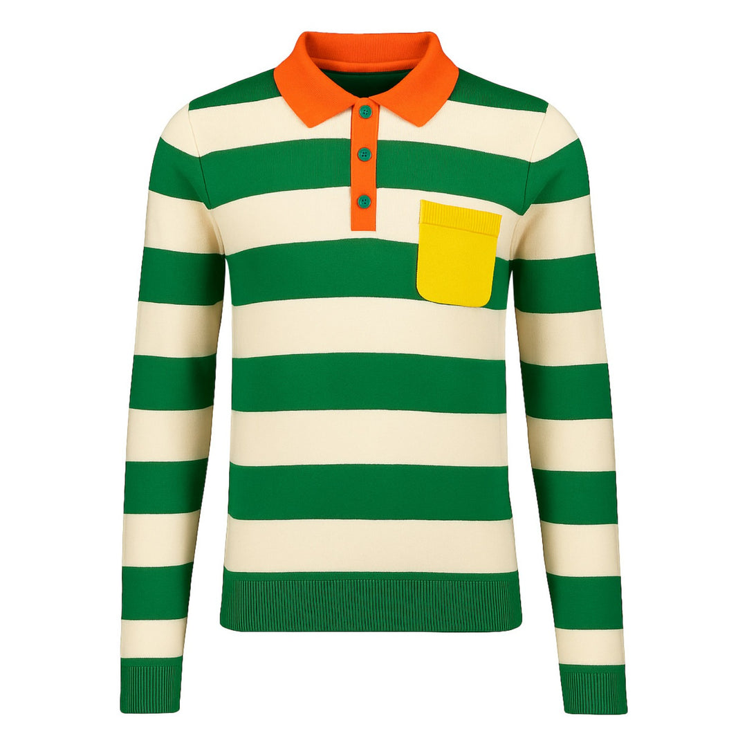 Men's green striped vintage knit pocket polo shirt