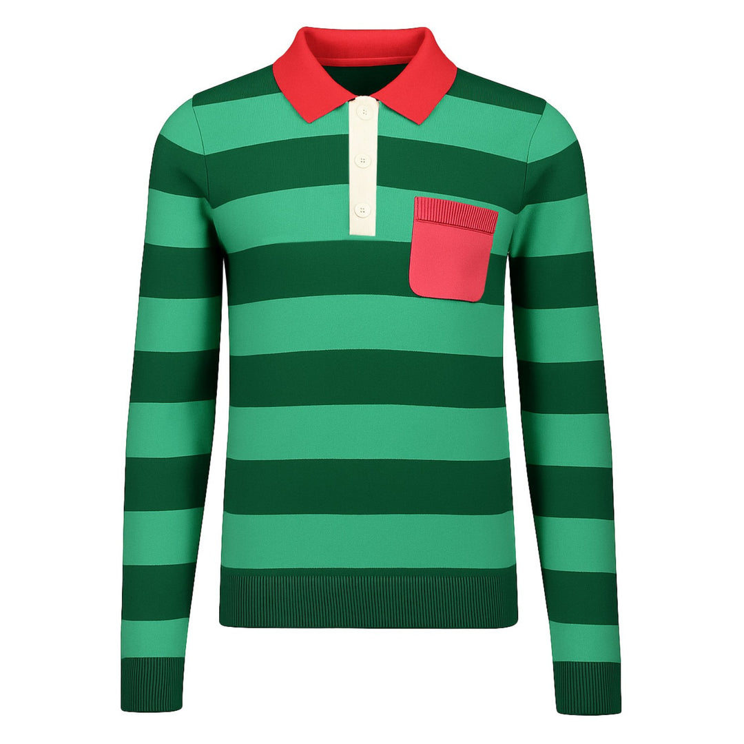 Men's green striped fashion knit pocket polo shirt