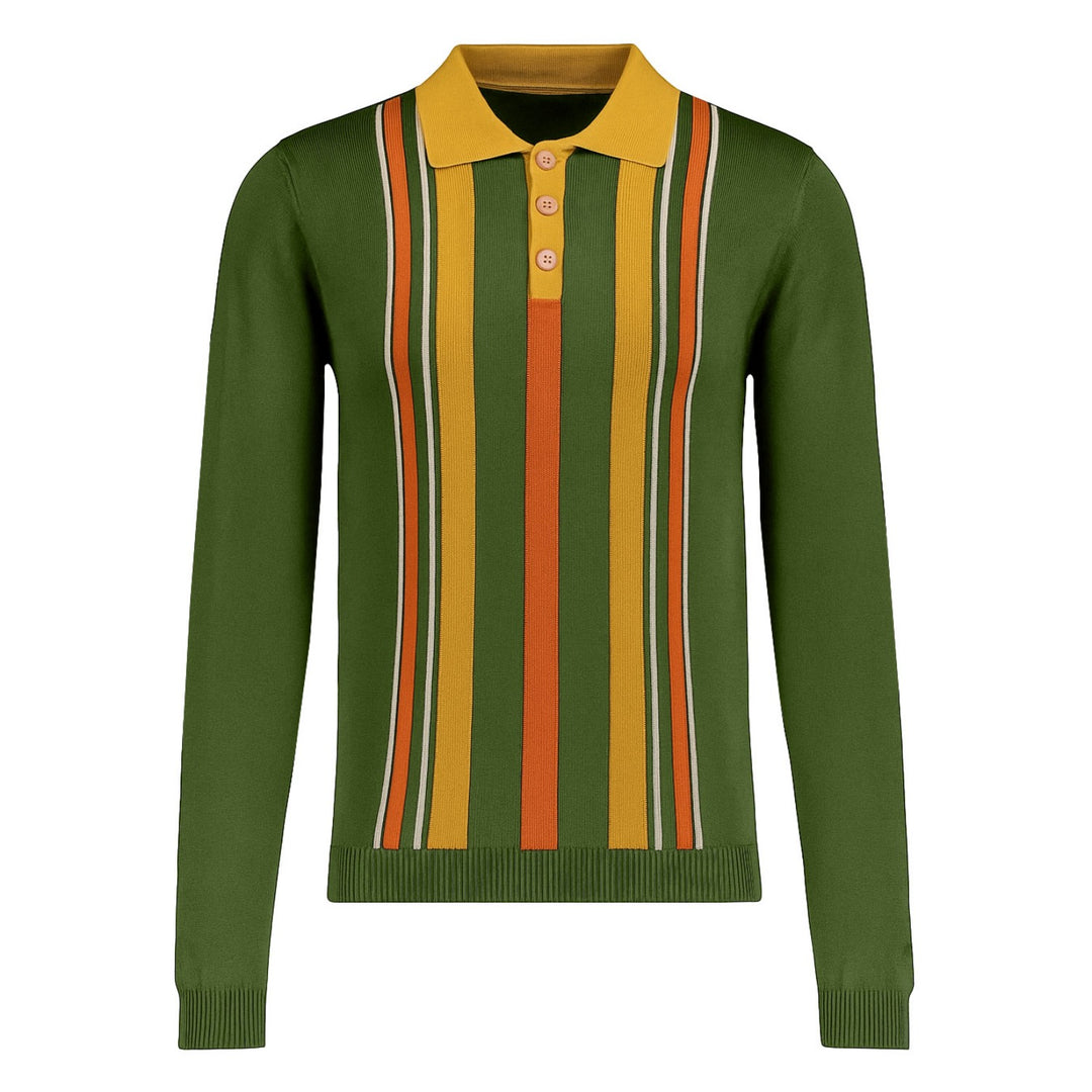 Men's green 1960s striped jacquard knit polo shirt