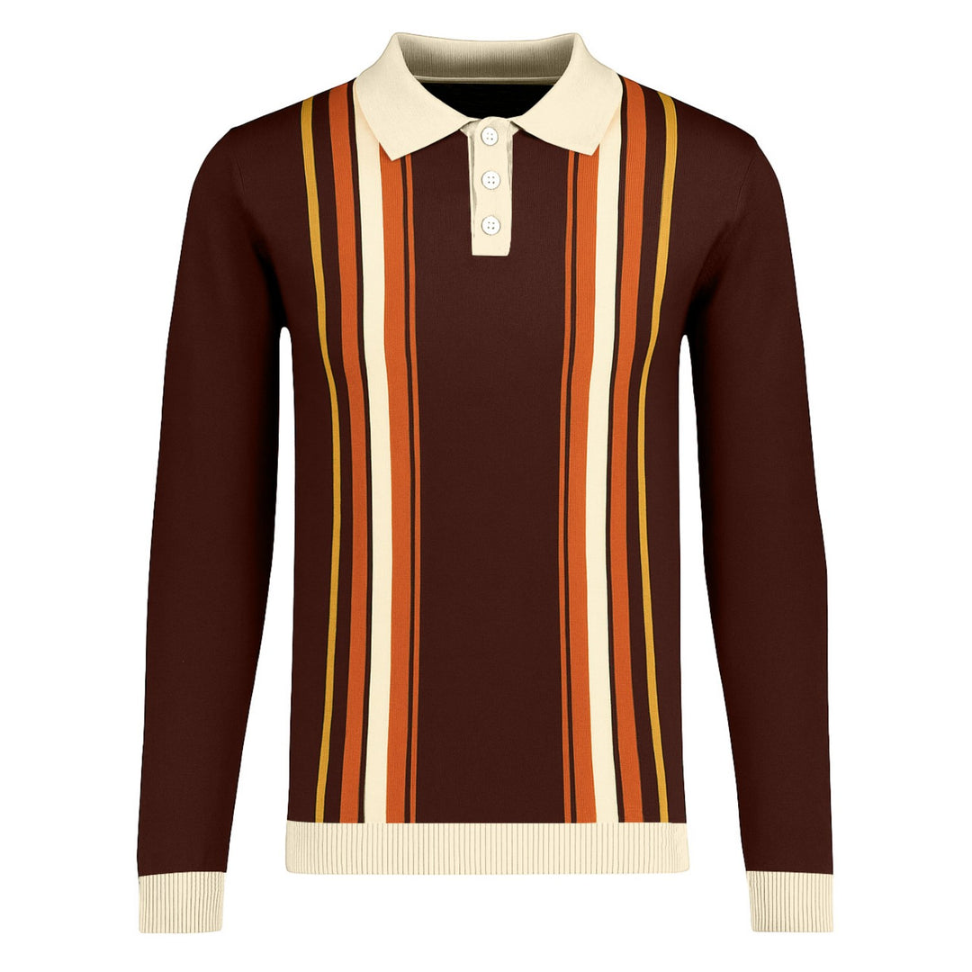 Mens brown 1960s striped jacquard knit polo shirt