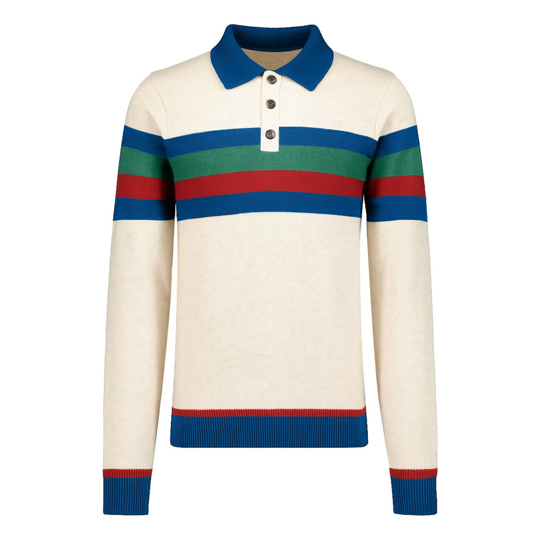Men's white vintage 1960 striped jacquard knit polo shirt