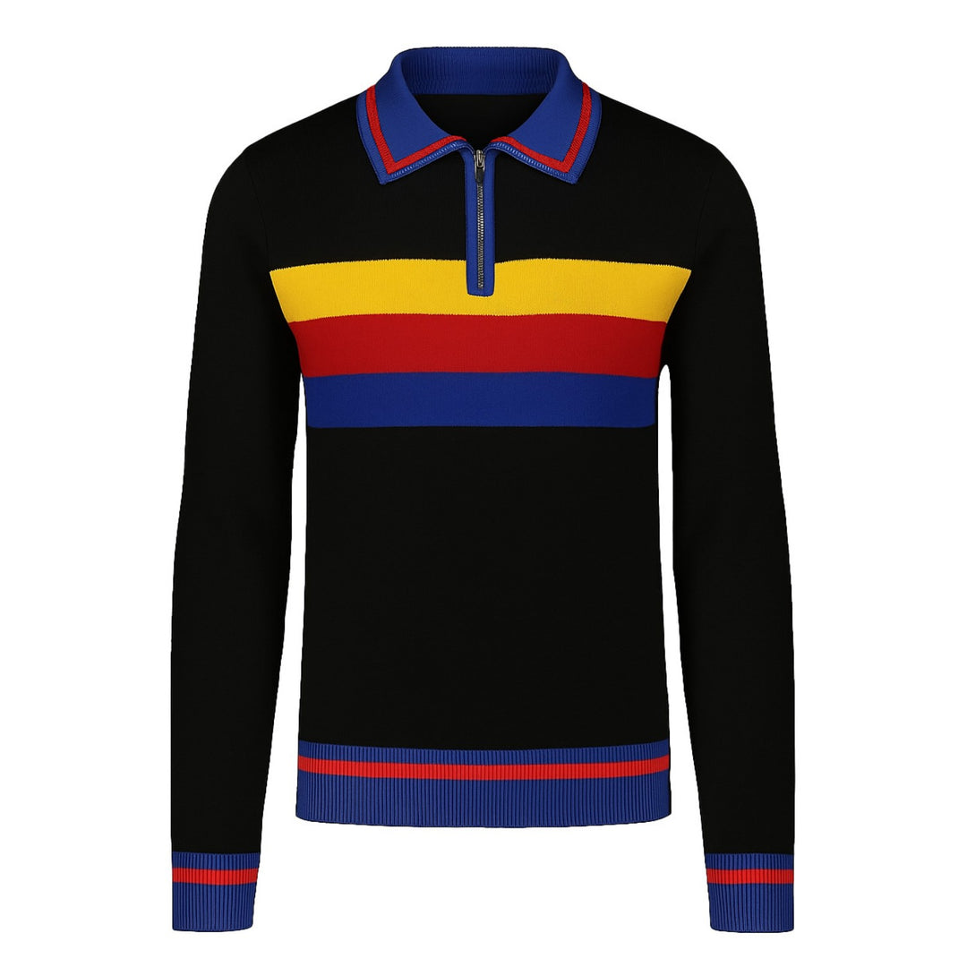 Men's black vintage jacquard knit zip-up polo shirt