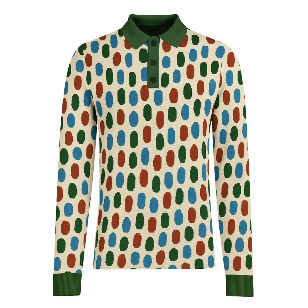 Men's green vintage jacquard knit polka dot polo shirt
