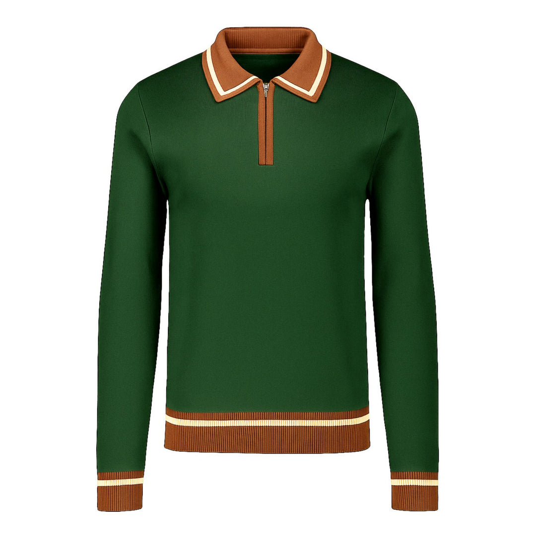 Men's dark green zipper knitted polo shirt