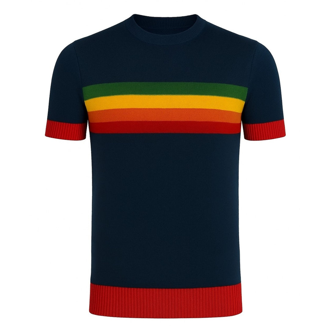 Men's dark blue jacquard rainbow knit T-shirt