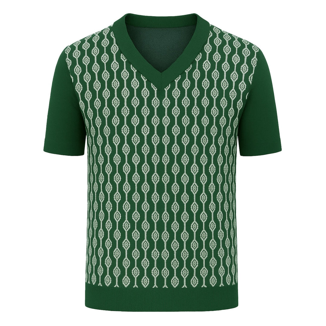 Men's green vintage aesthetic jacquard V-neck T-shirt