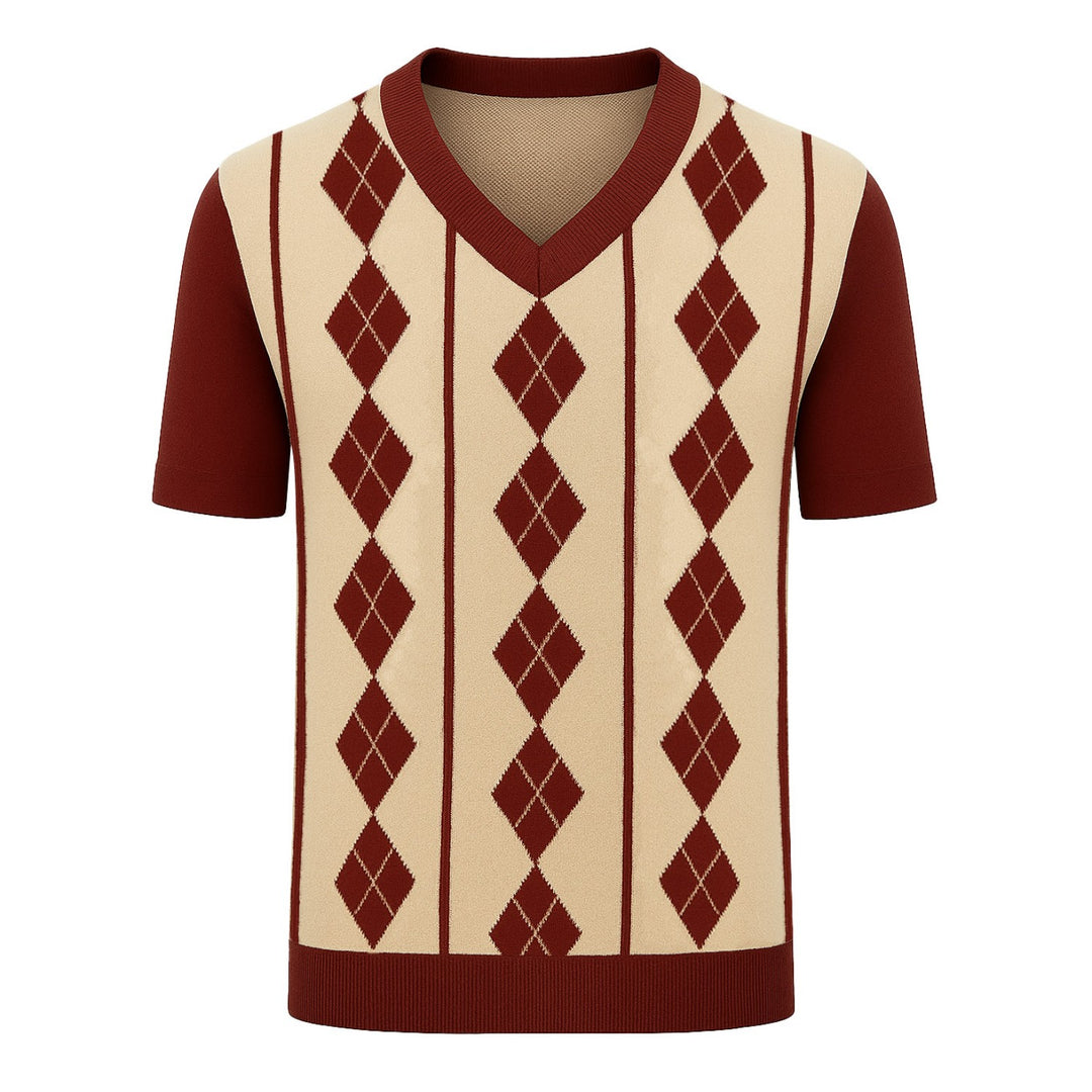 Men's red retro diamond-shaped V-neck knitted T-shirt