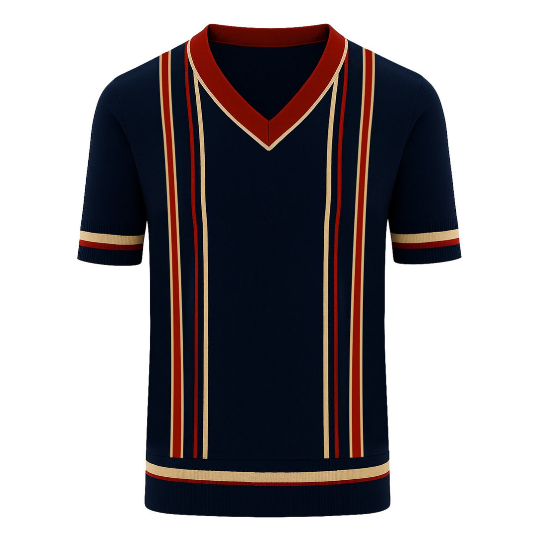 Men's dark blue retro 1960s V-neck knitted T-shirt