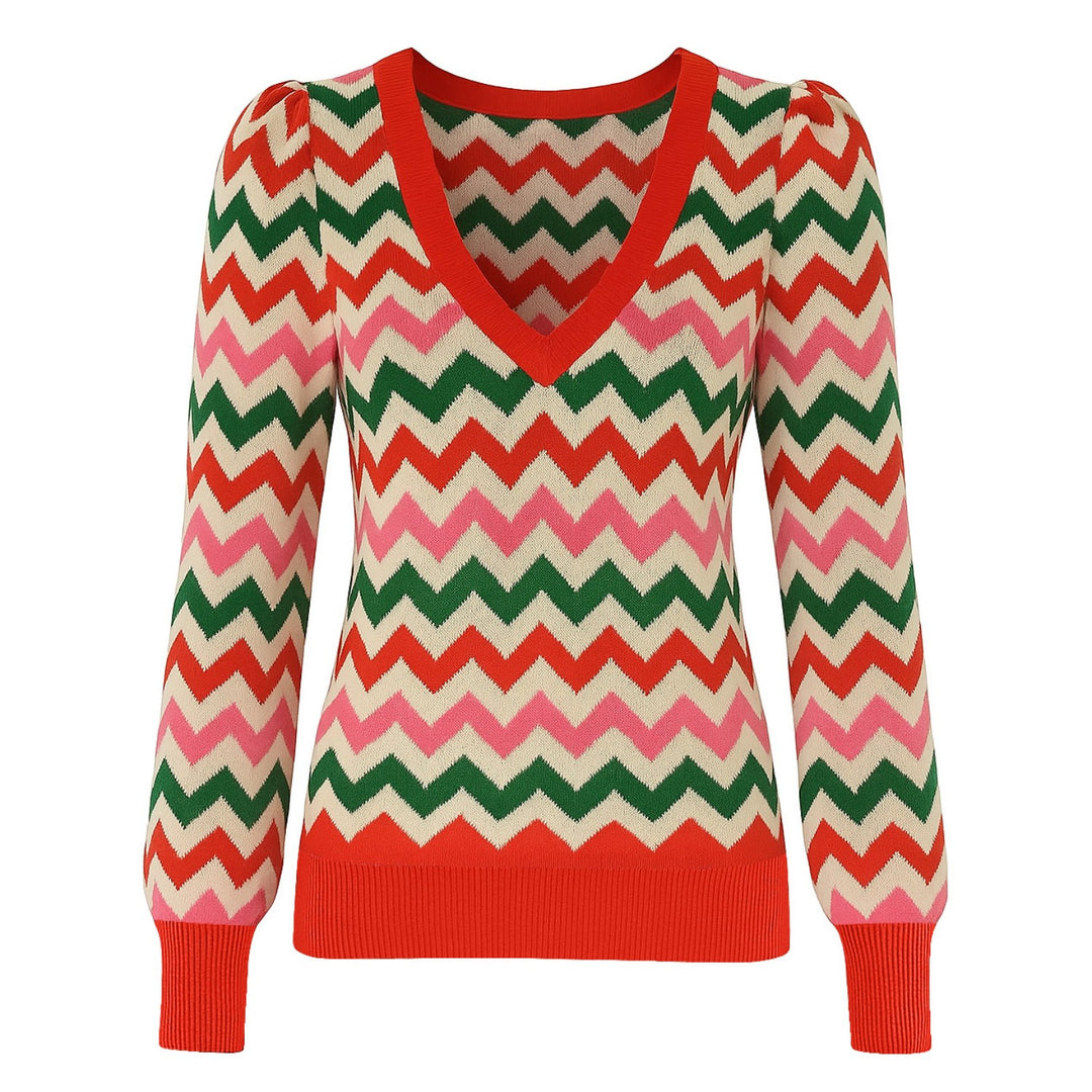 Women's red toothed striped puffed sleeve knitwear