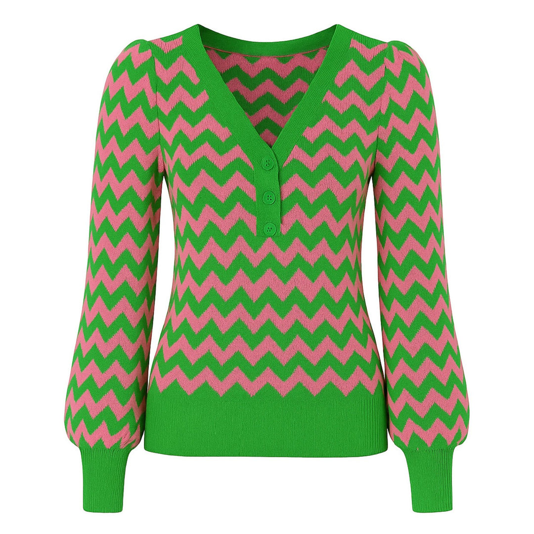 Women's green tooth stripe sleeve V-neck knitwear