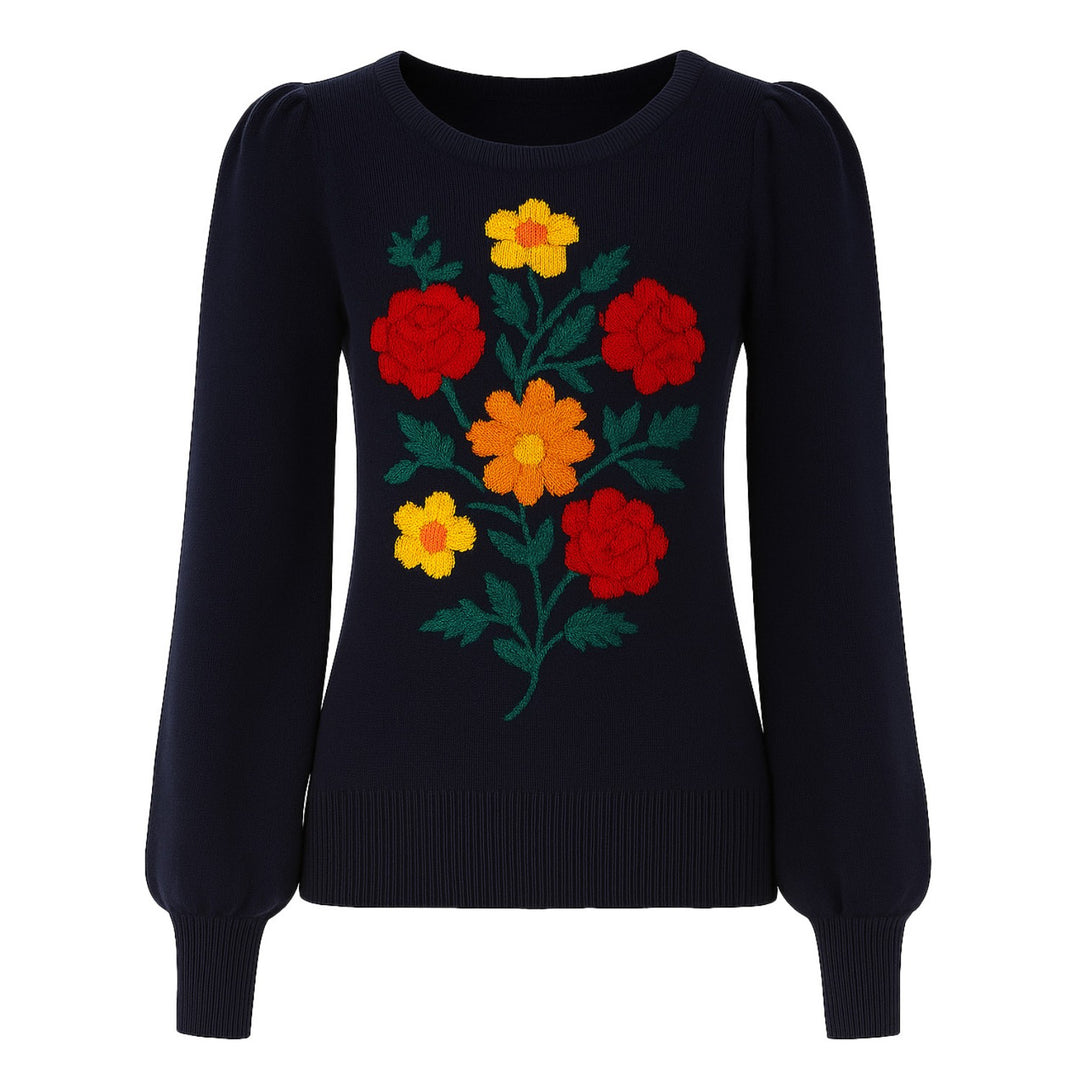 Women's dark blue jacquard floral puffed sleeve knitwear