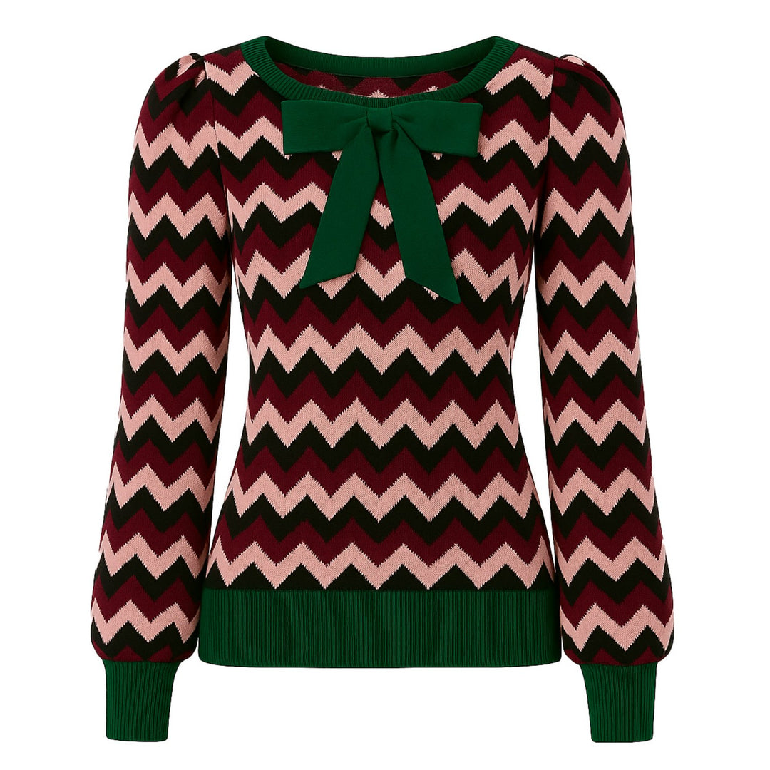 Women's green jacquard bow with bubble sleeve knitwear