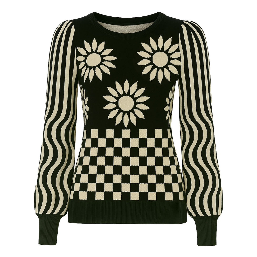 Women's black sunflower jacquard puffed sleeve knitwear