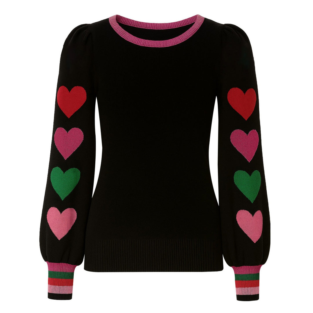 Women's black love jacquard bubble sleeve knitwear
