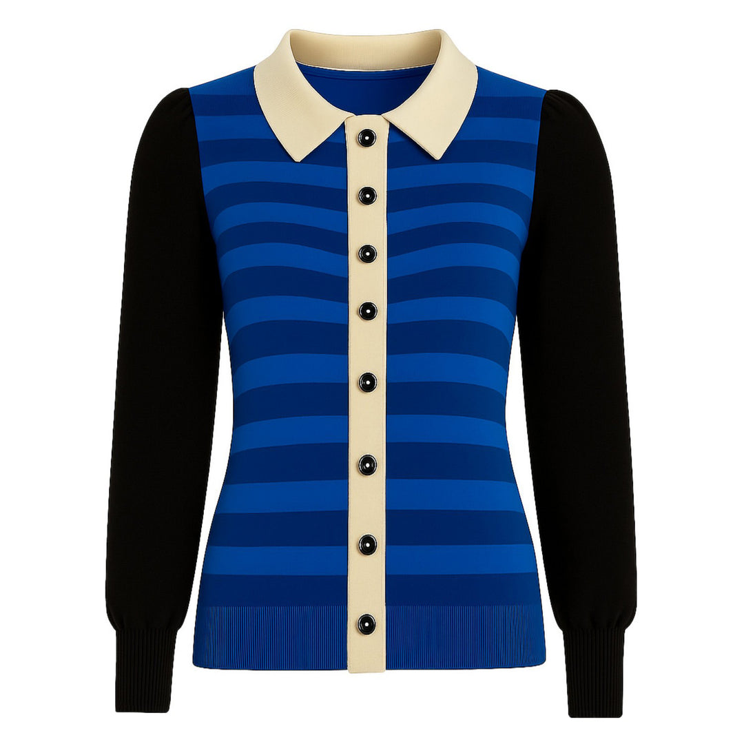 Women's blue striped jacquard vintage puff-sleeve knitted cardigan