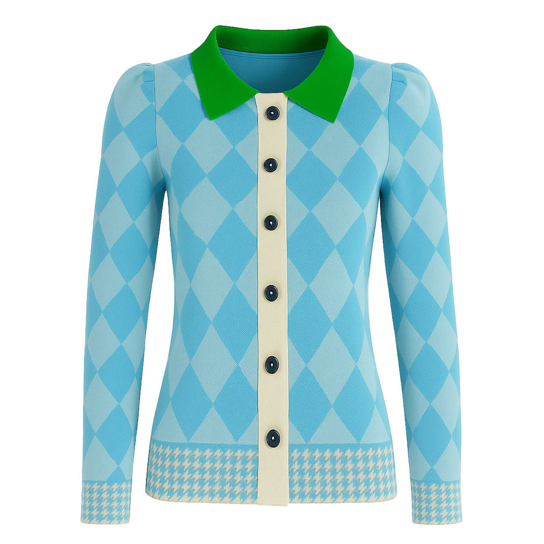 Women's blue diamond lattice jacquard puffed sleeve knit cardigan