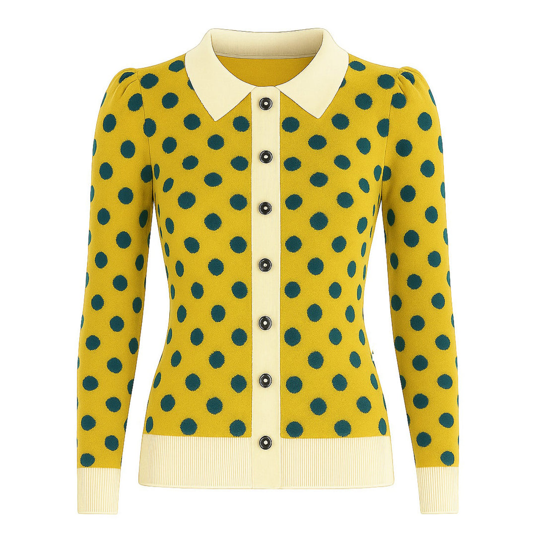Women's yellow polka dot jacquard puffed sleeve knitted cardigan