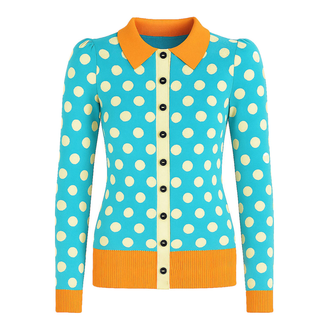 Women's blue polka dot and bubble sleeve knitted cardigan