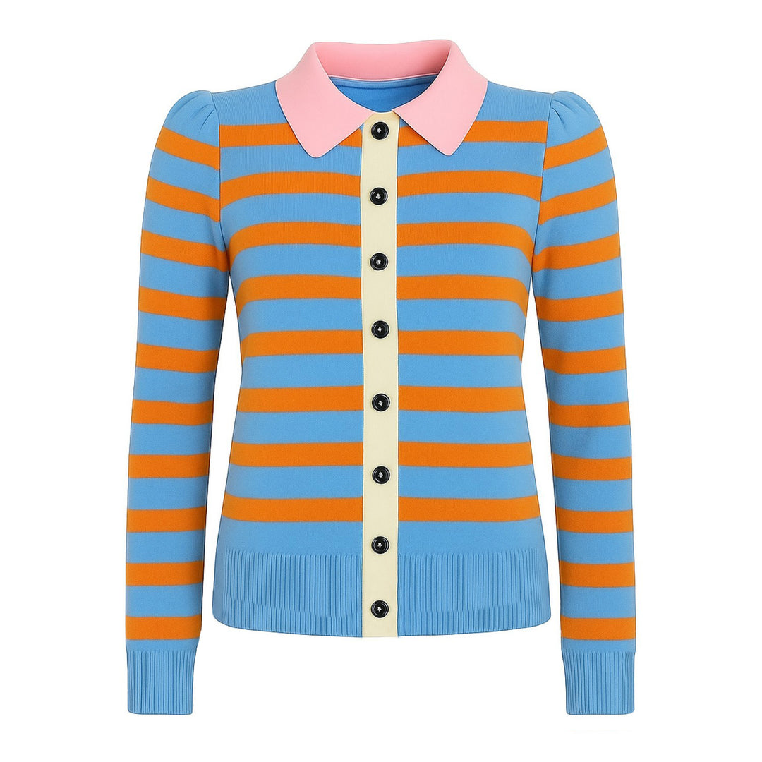Women's blue striped jacquard puffed sleeve knitted cardigan