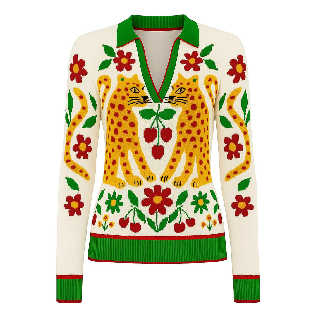 Women's green animal floral jacquard V-neck knitwear