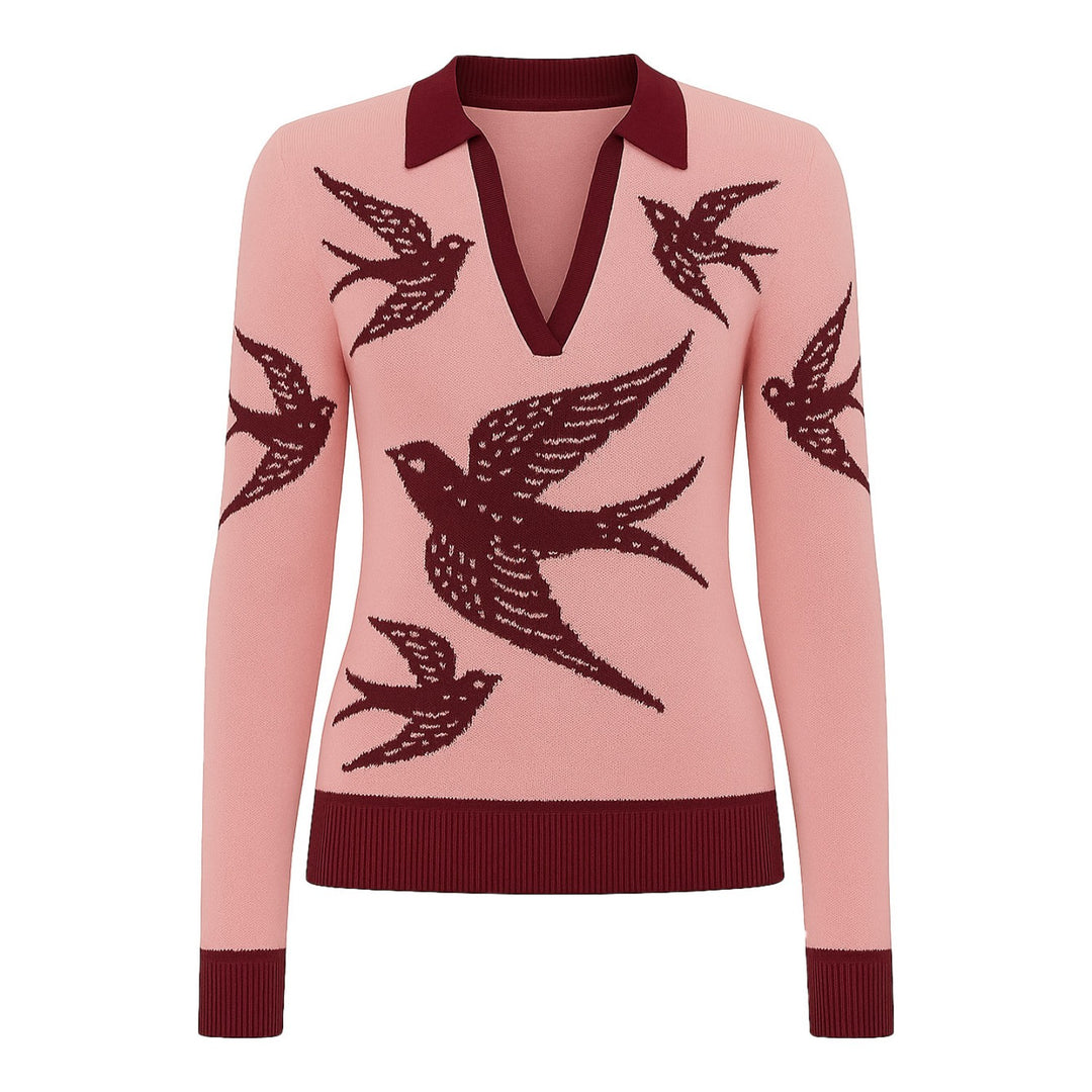 Women's pink swallow jacquard V-neck knitwear