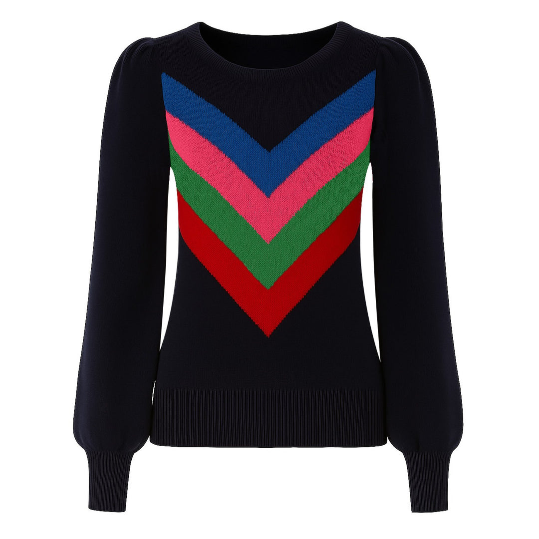 Women's black striped jacquard puffed sleeve knitwear