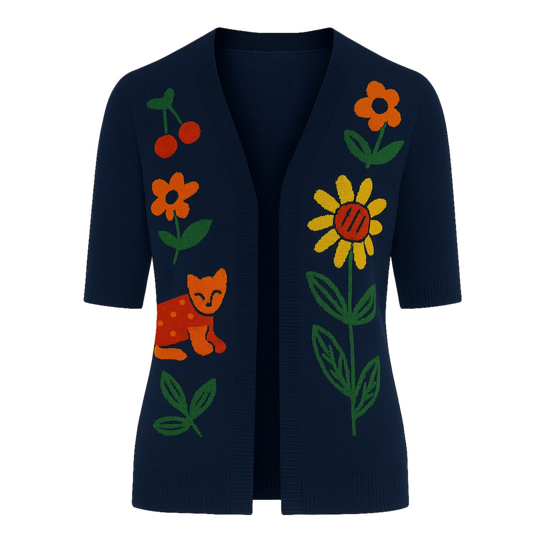 Women's navy jacquard five-sleeve cardigan