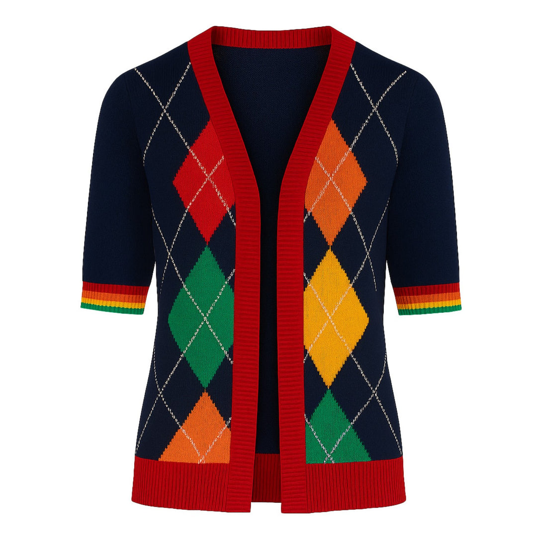 Women's navy blue diamond lattice art five-sleeve cardigan