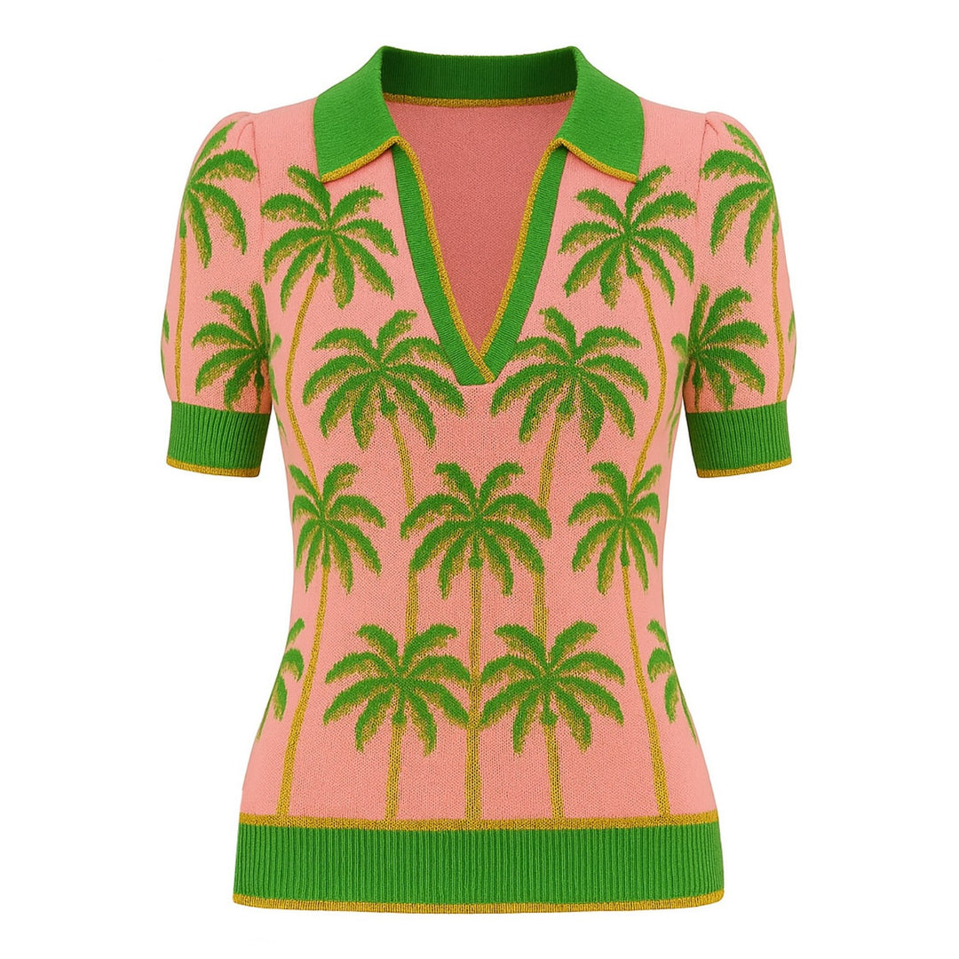 Women's green coconut jacquard V-neck polo shirt