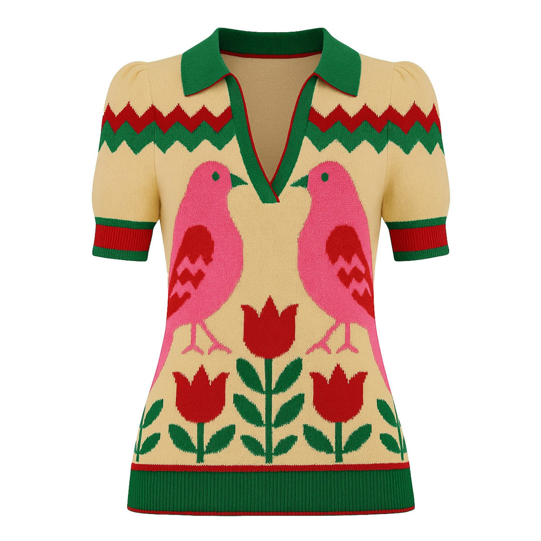 Women's green animal flower jacquard V-neck polo shirt