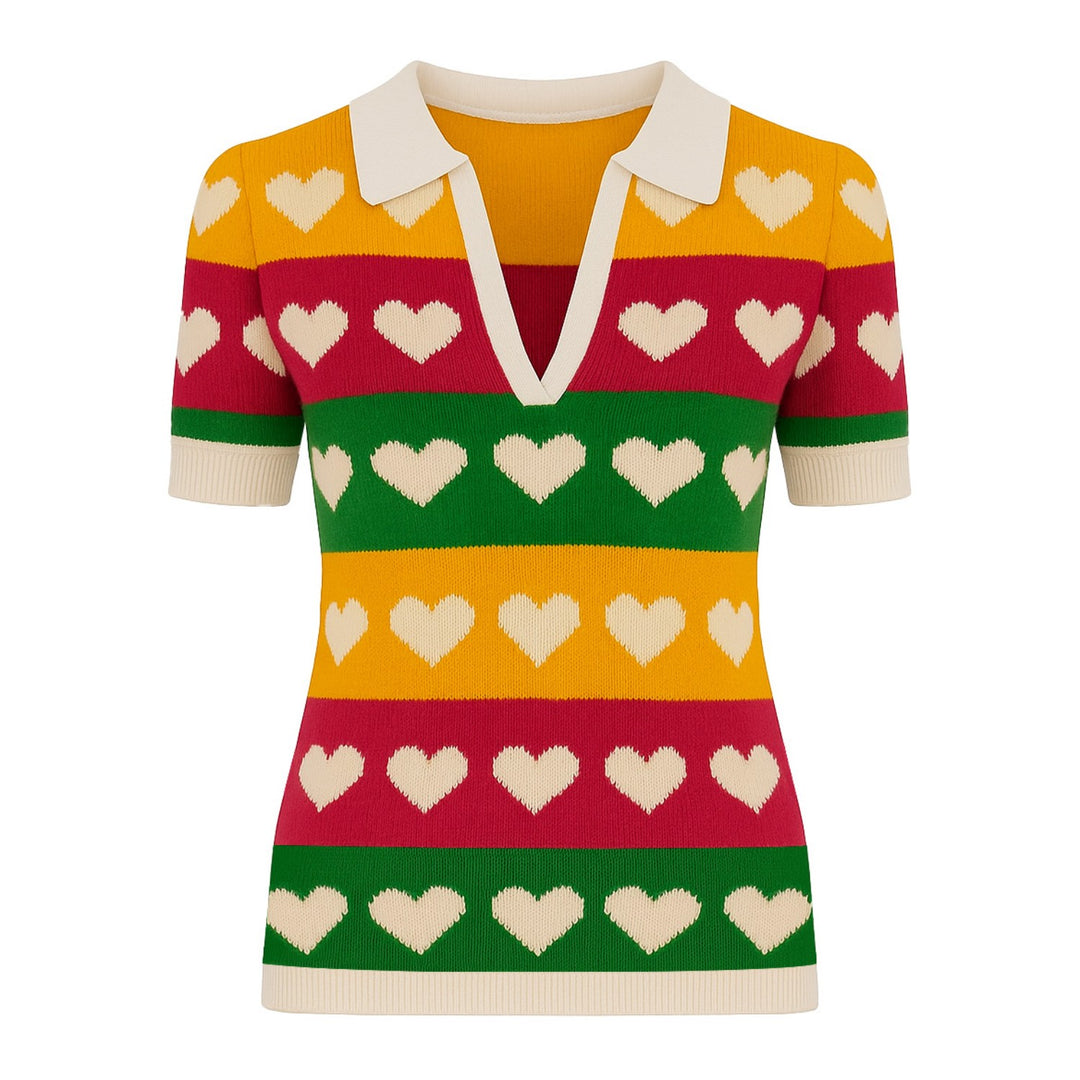 Women's multi-colored love jacquard V-neck polo shirt