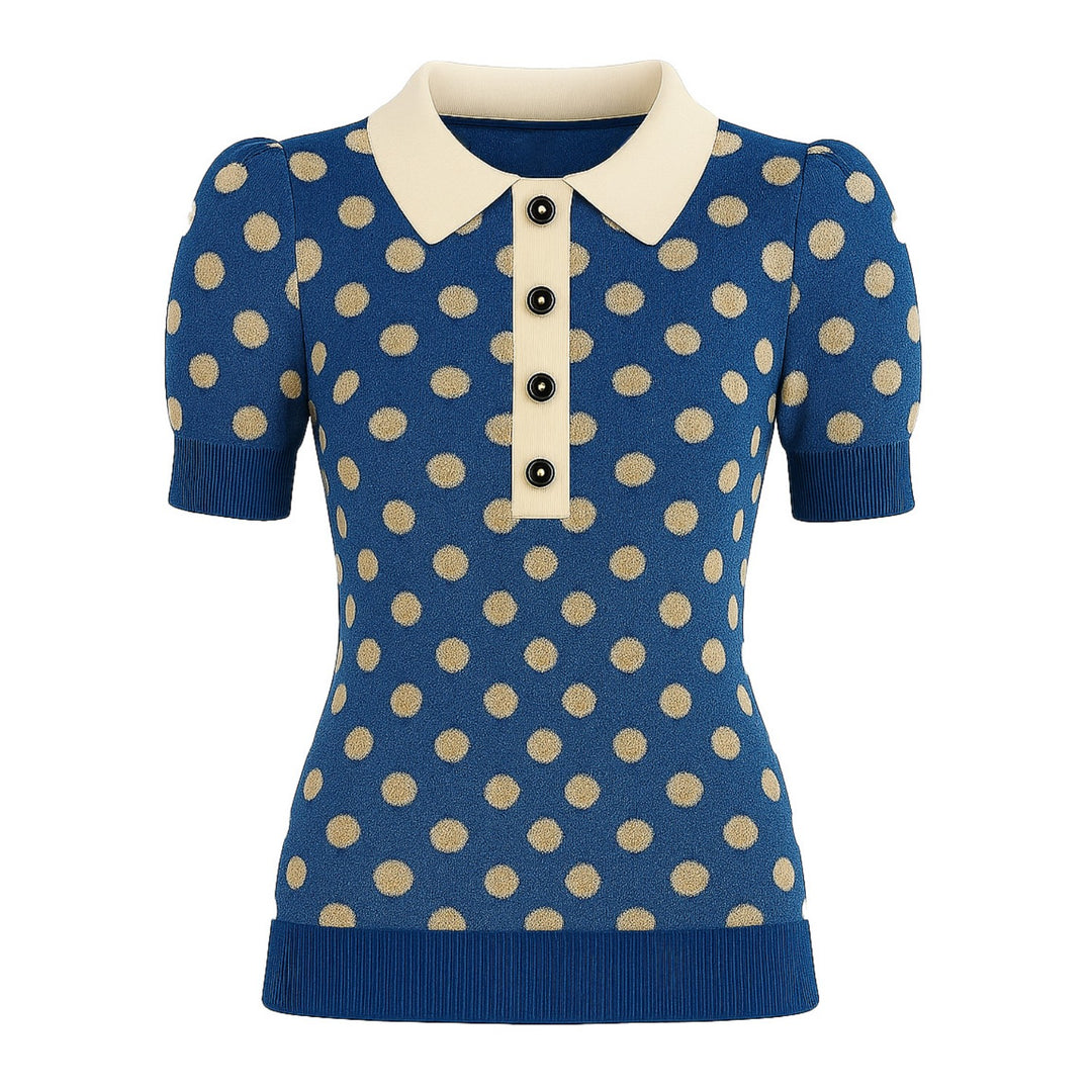Women's vintage blue polka dot knitted bubble sleeve polo